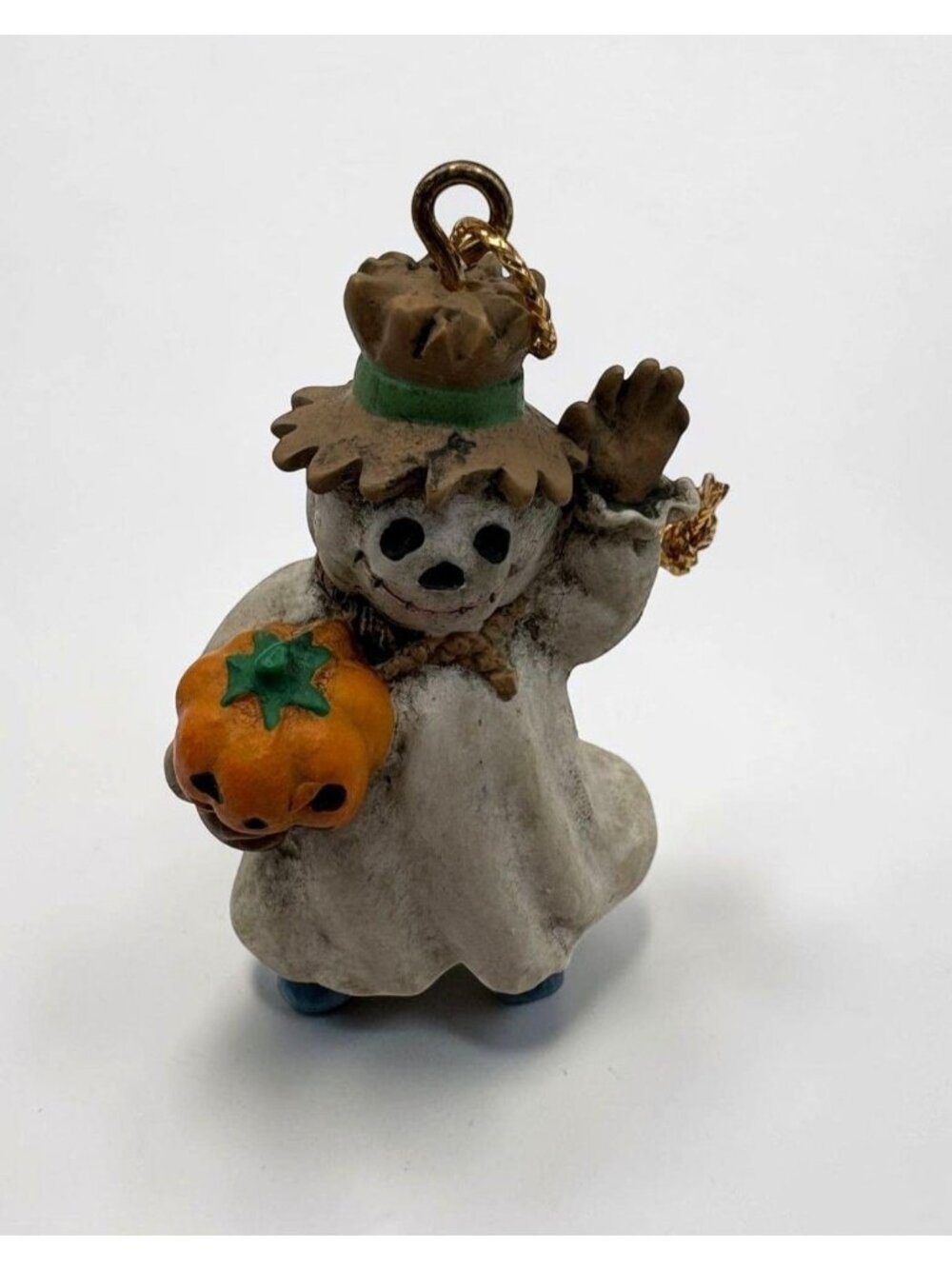 Whimsical Halloween Ghost Ornament Figurine Holding Pumpkin Fall Decor
